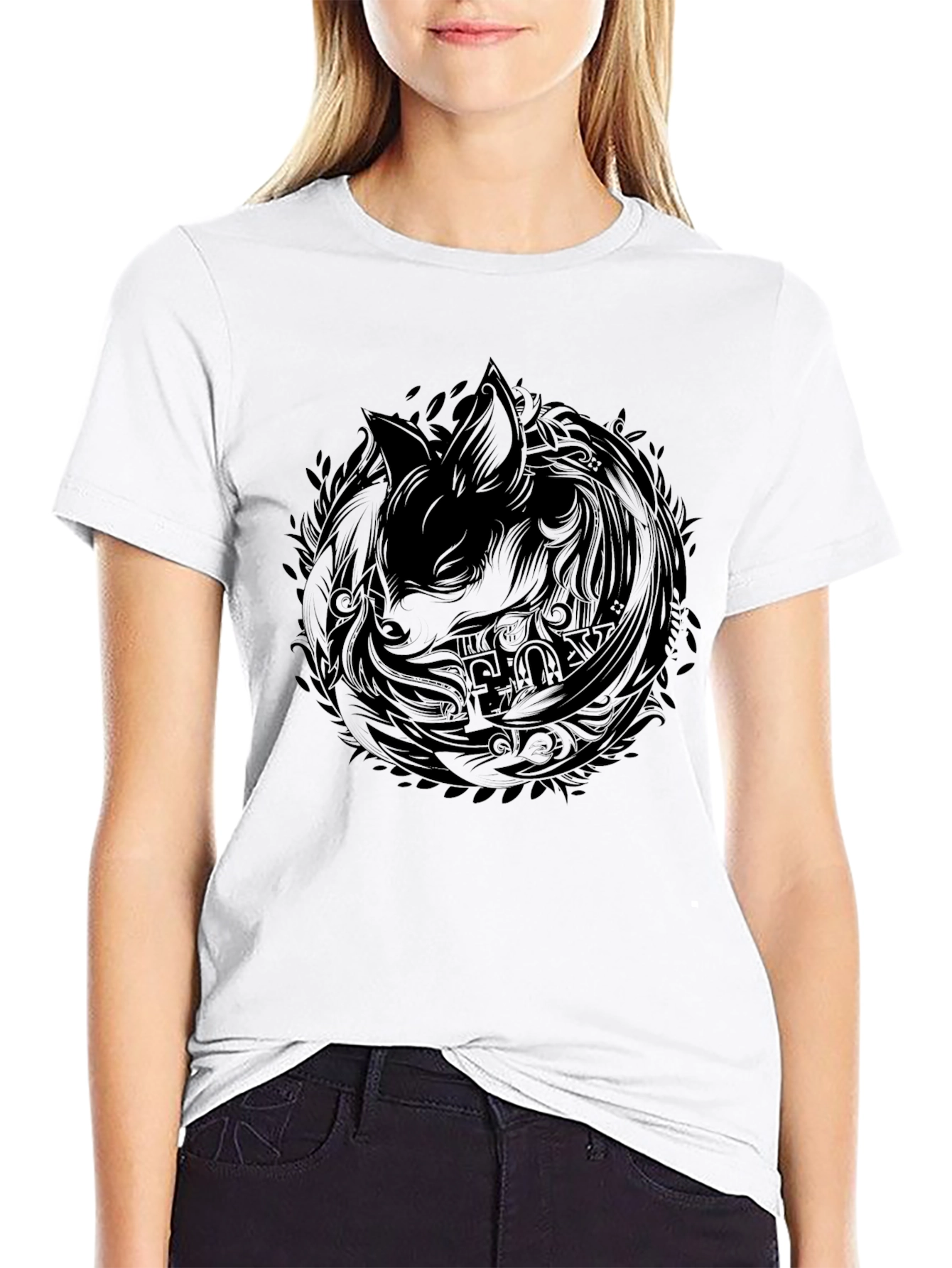 Black T-Shirt with Abstract Fox Design