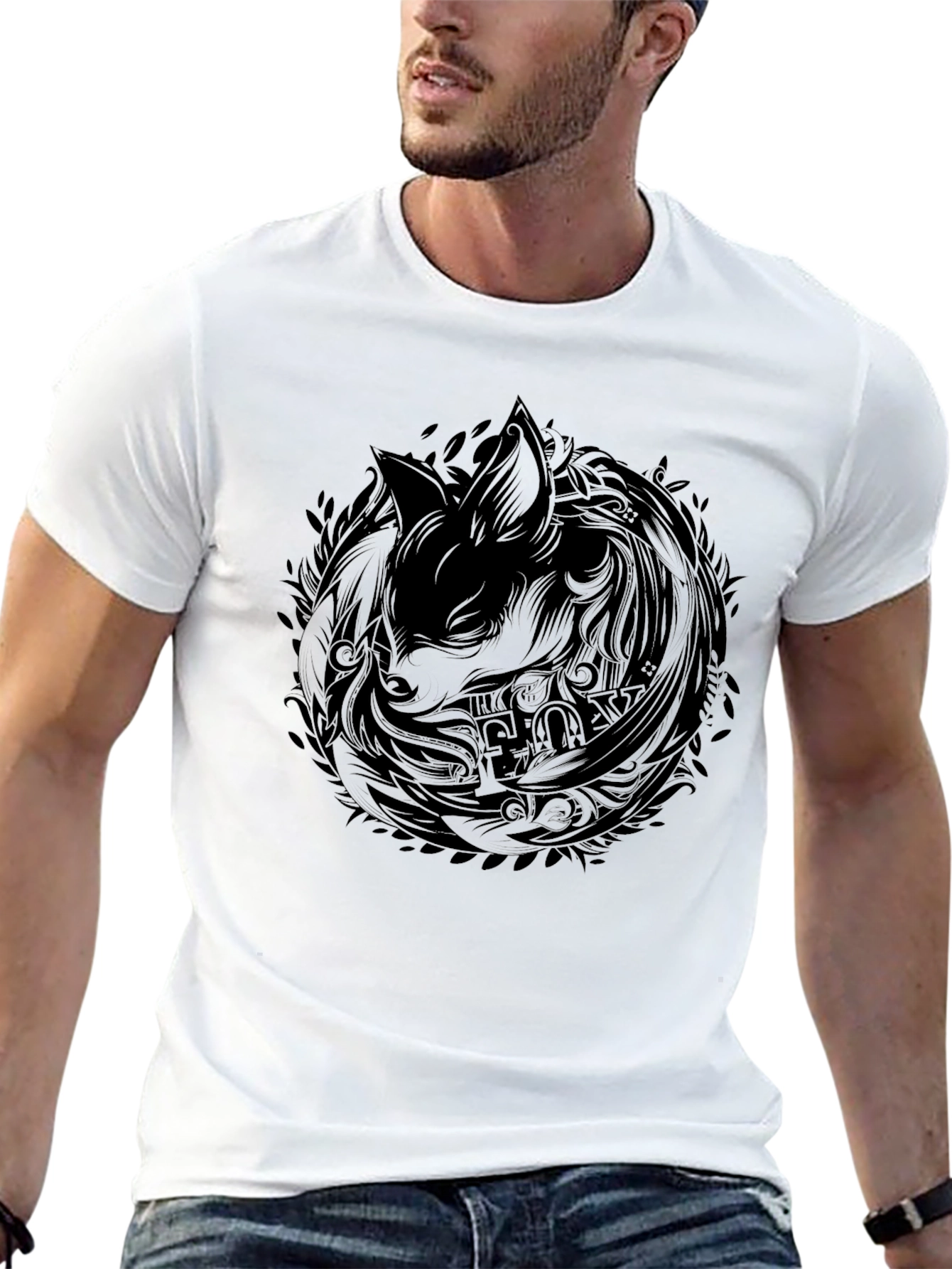 Black T-Shirt with Abstract Fox Design