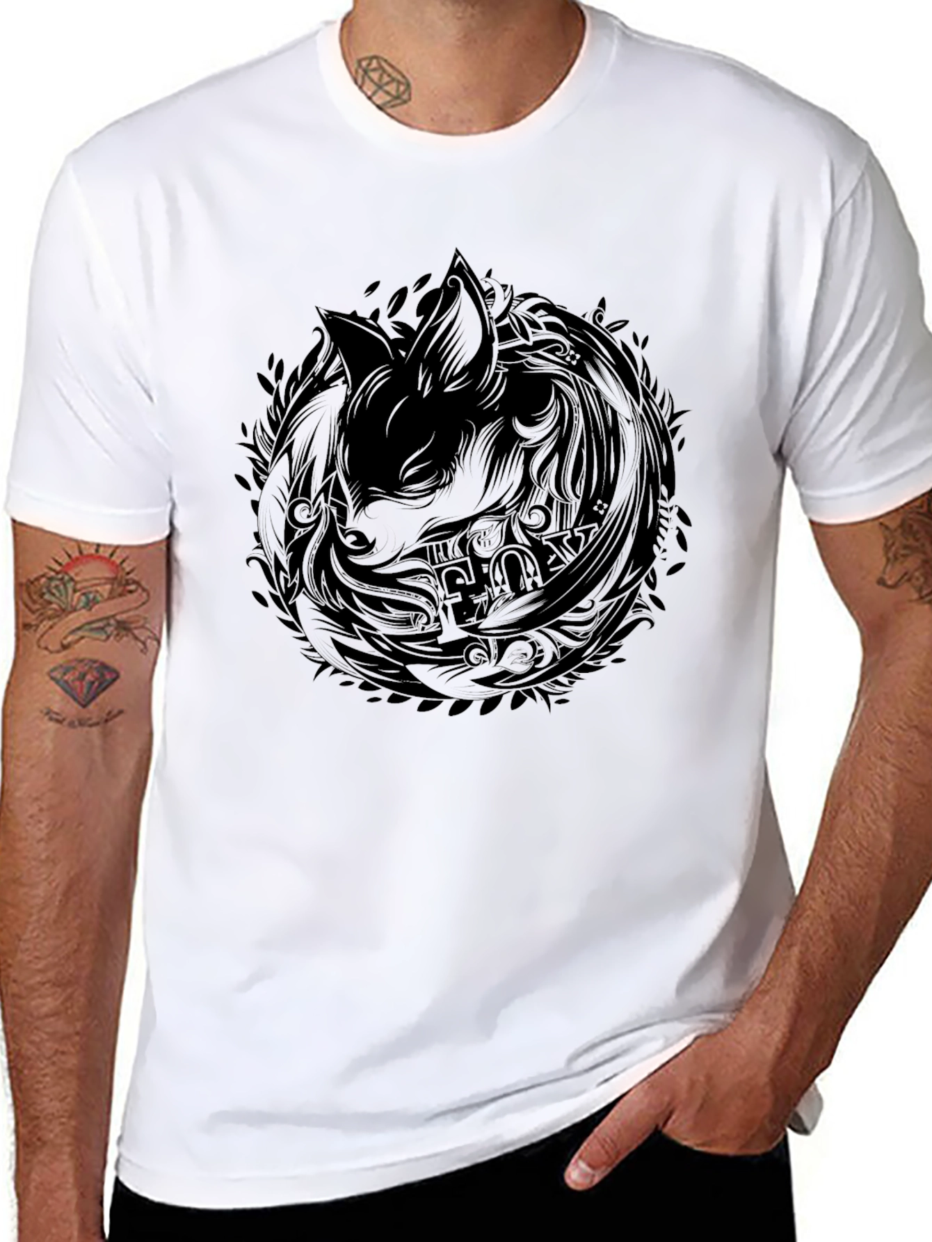 Black T-Shirt with Abstract Fox Design