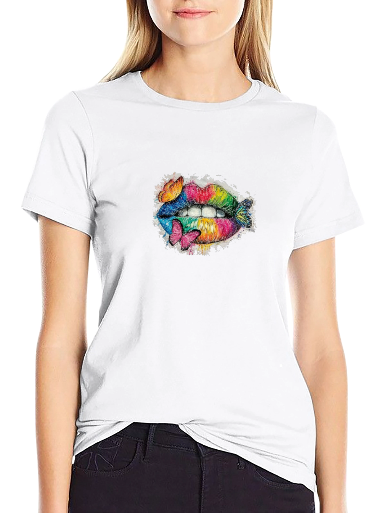 Rainbow Lips T-Shirt with Butterflies