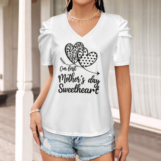 Our First Mother’s Day Sweetheart V-Neck Tee, Cute Heart Graphic Mom Shirt, Minimal Family Celebration Top, Stylish Motherhood Gift for New Moms(z692)