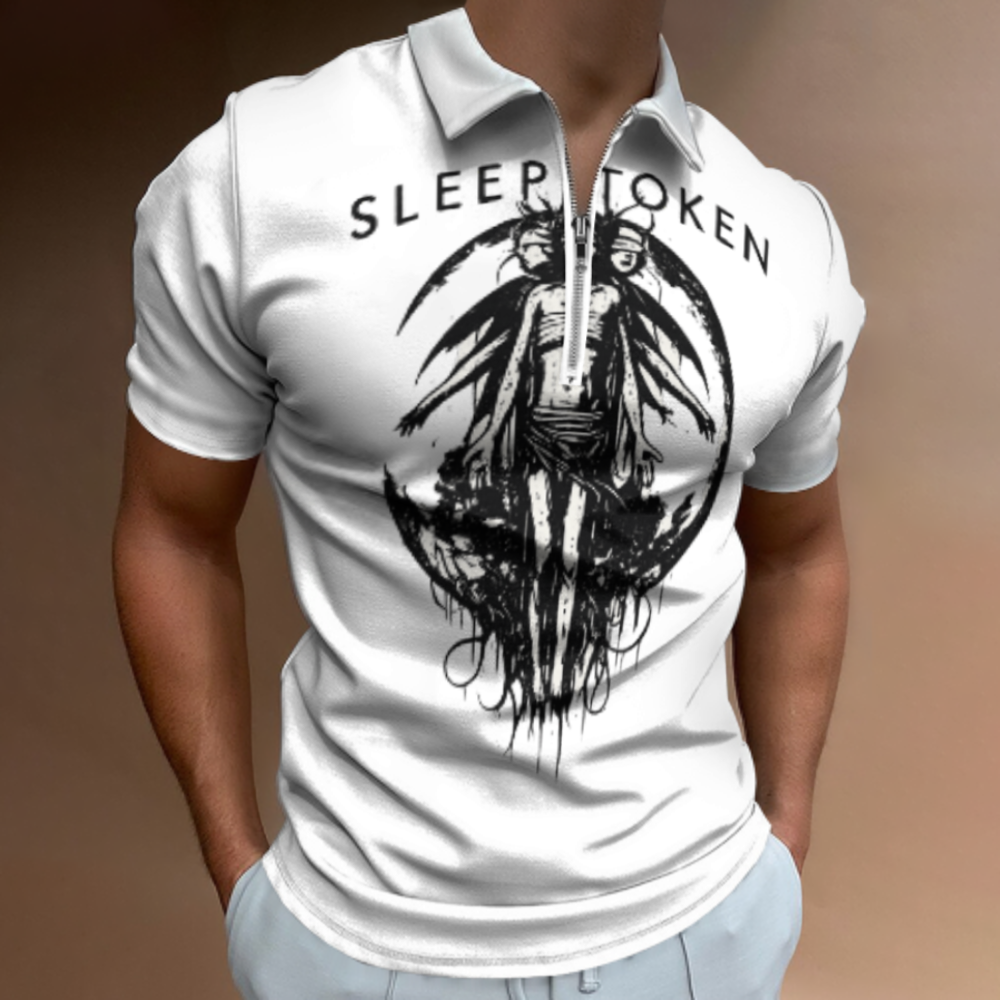 Sleep Ritual Gothic Graphic Zip Polo Shirt, Dark Fantasy Streetwear Collared Tee, Vintage Inspired Alternative Fashion Top, Oversized Aesthetic Casual Shirt(z701)