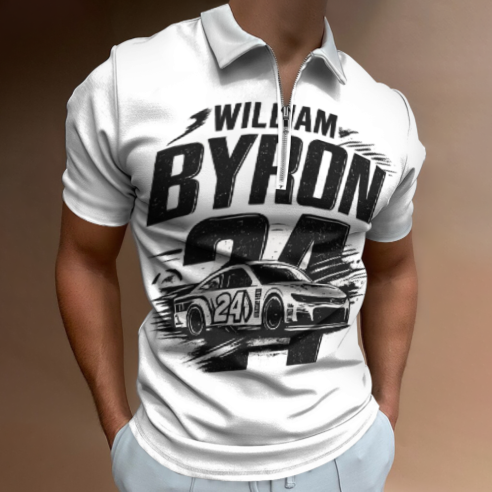 Vintage Racing Driver Graphic Polo Shirt, Retro Speed Car Number 24 Zip Tee, Motorsport Inspired Streetwear Top(z709)