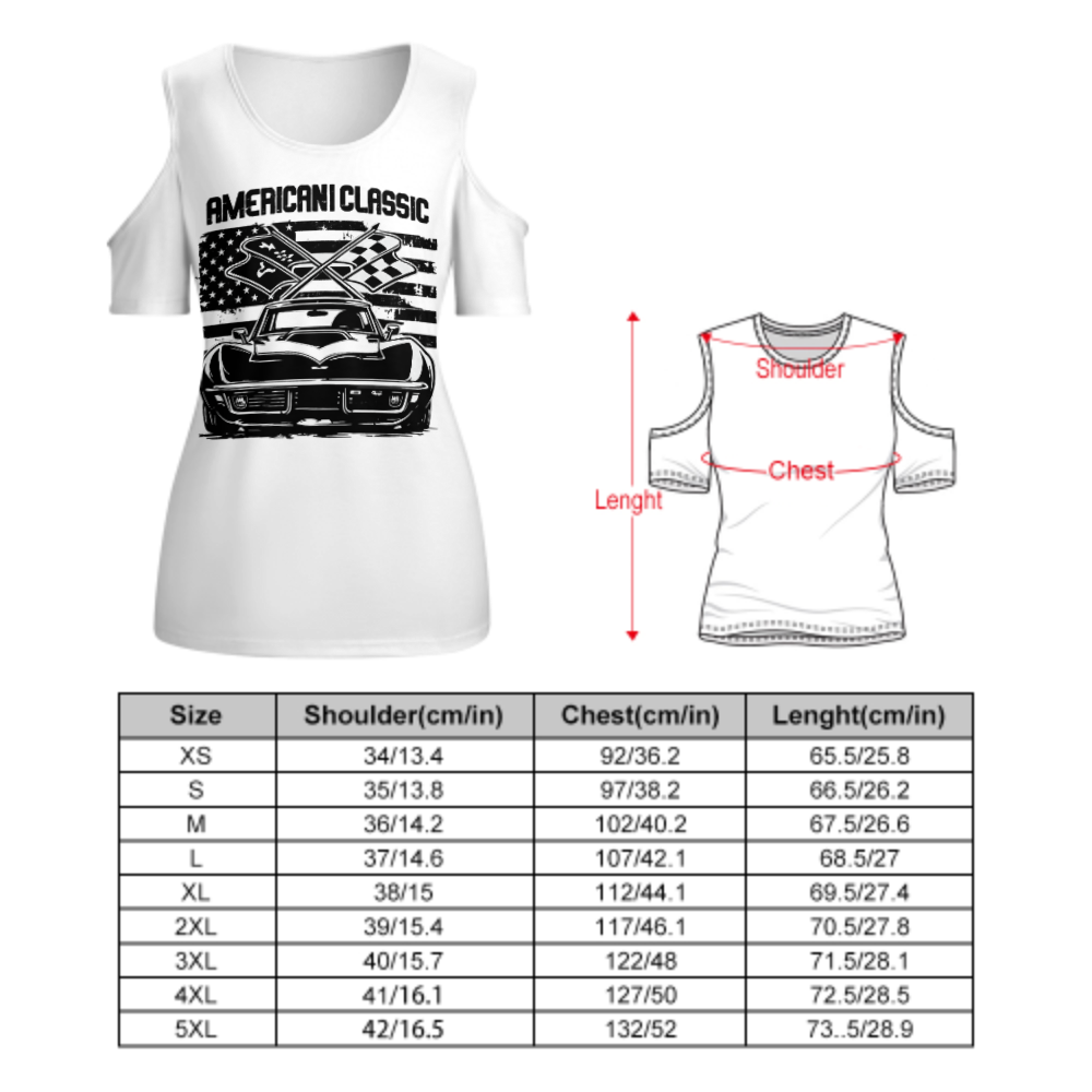 American Classic Vintage Muscle Car Graphic Tee, Retro Racing Flag Shirt, Patriotic Streetwear Top, Classic Car Lover Gift, Women’s Cold Shoulder T-Shirt(z714)