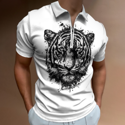Vintage Tiger Face Graphic Polo Shirt, Fierce Wildlife Animal Print Zip Tee, Retro Streetwear Jungle Inspired Top(z708)