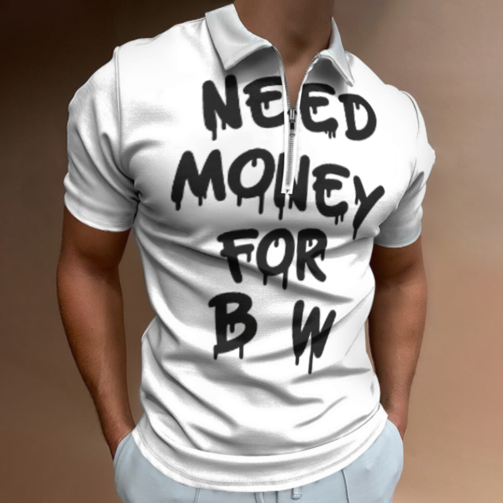 Need Money For BW Drip Graphic Zip Polo Shirt, Urban Graffiti Streetwear Tee, Bold Typography Fashion Top, Trendy Oversized Casual Shirt(z702)