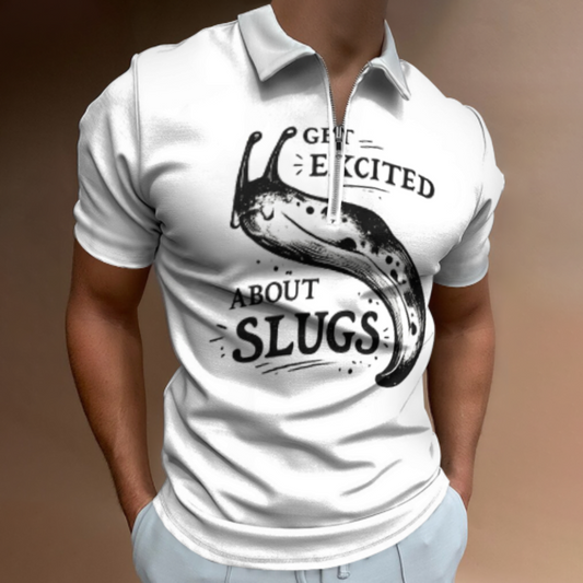 Funny Slug Lover Graphic Polo Shirt, Get Excited About Slugs Retro Animal Humor Zip Tee, Quirky Nature Inspired Top(z710)