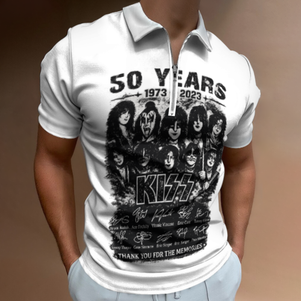 Vintage Rock Band Tribute Graphic Polo Shirt, Retro Concert Fan Art Zip Polo, Classic Music Inspired Streetwear Tee(z707)