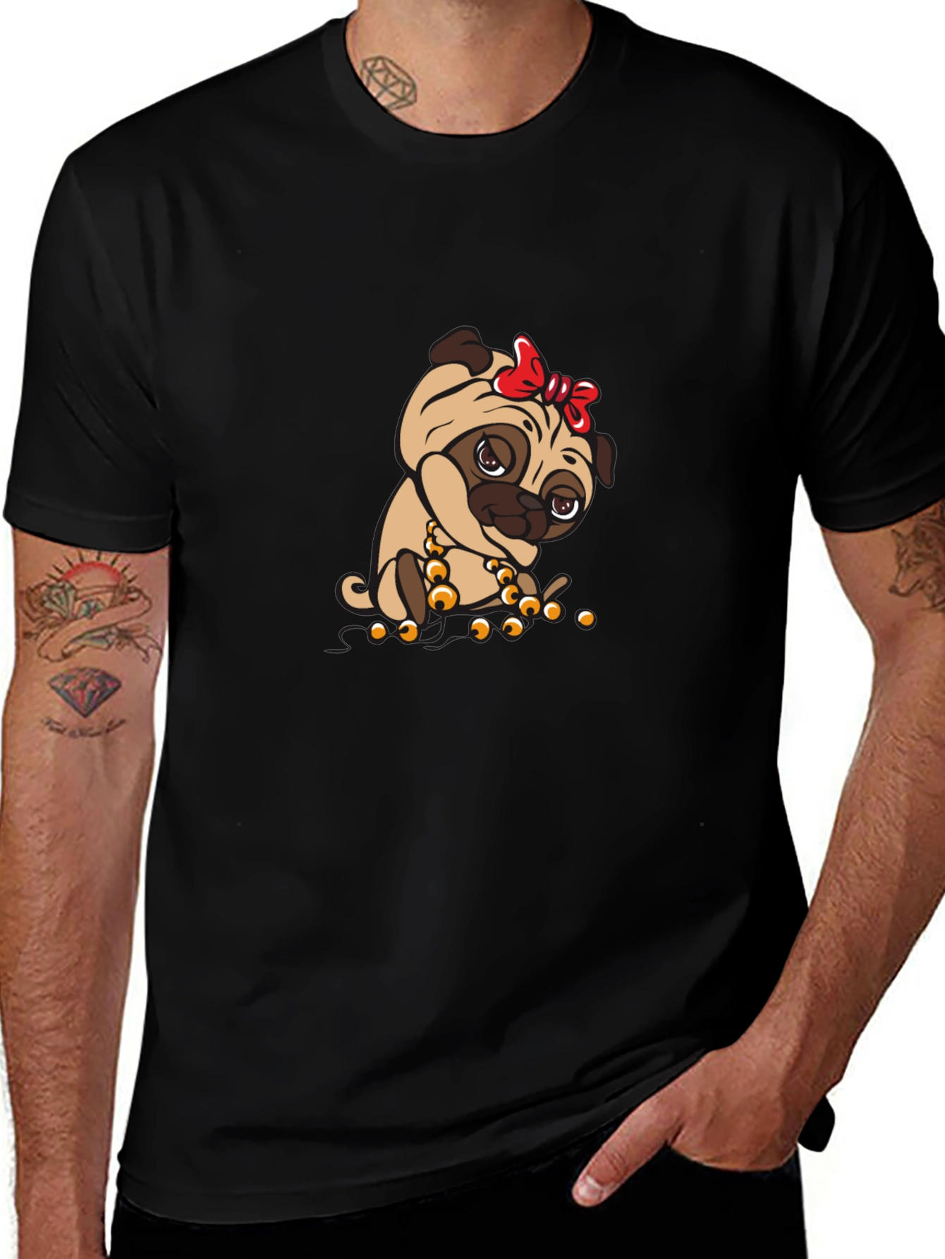 Pug With Bow Black T-Shirt