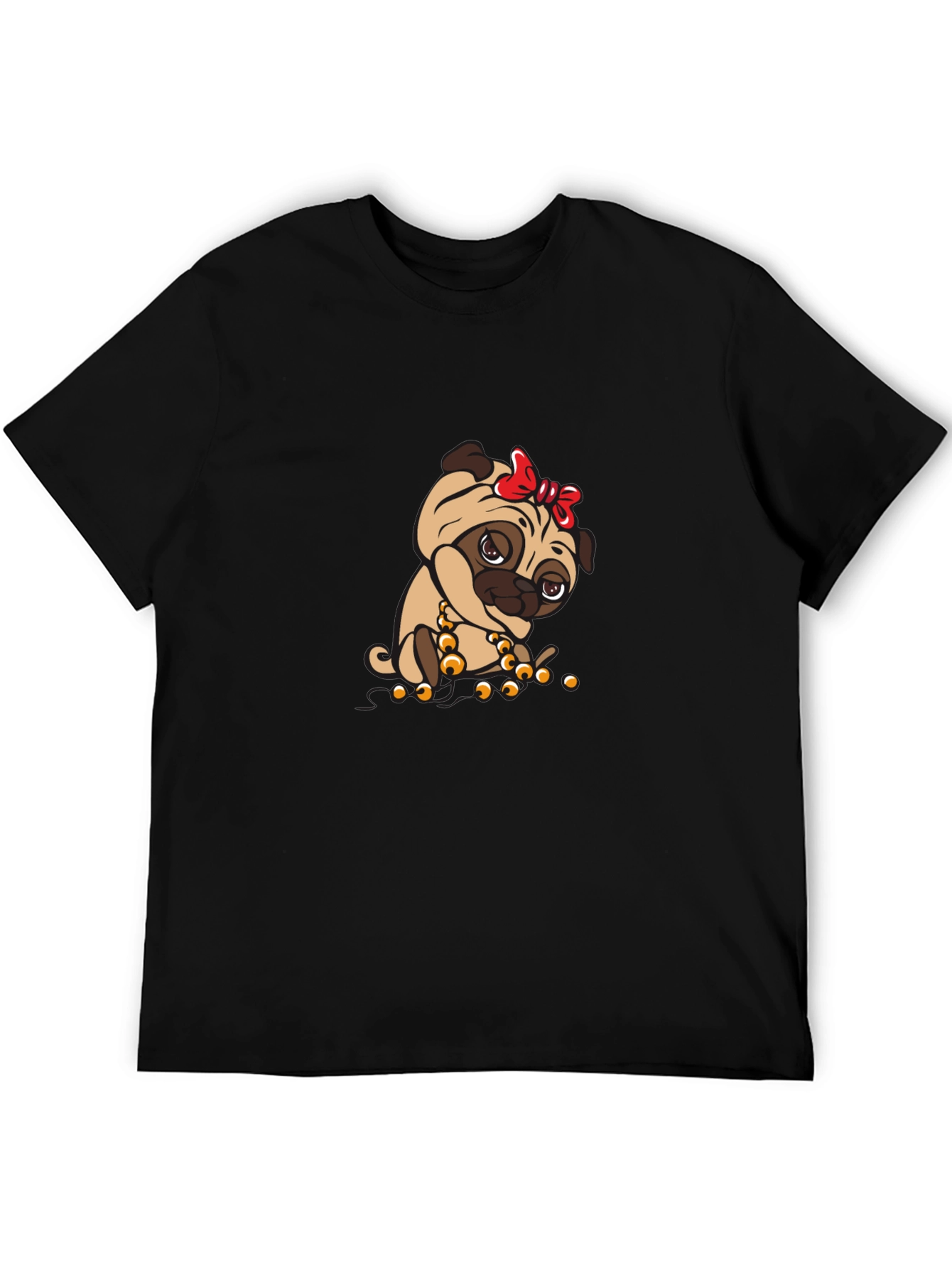 Pug With Bow Black T-Shirt