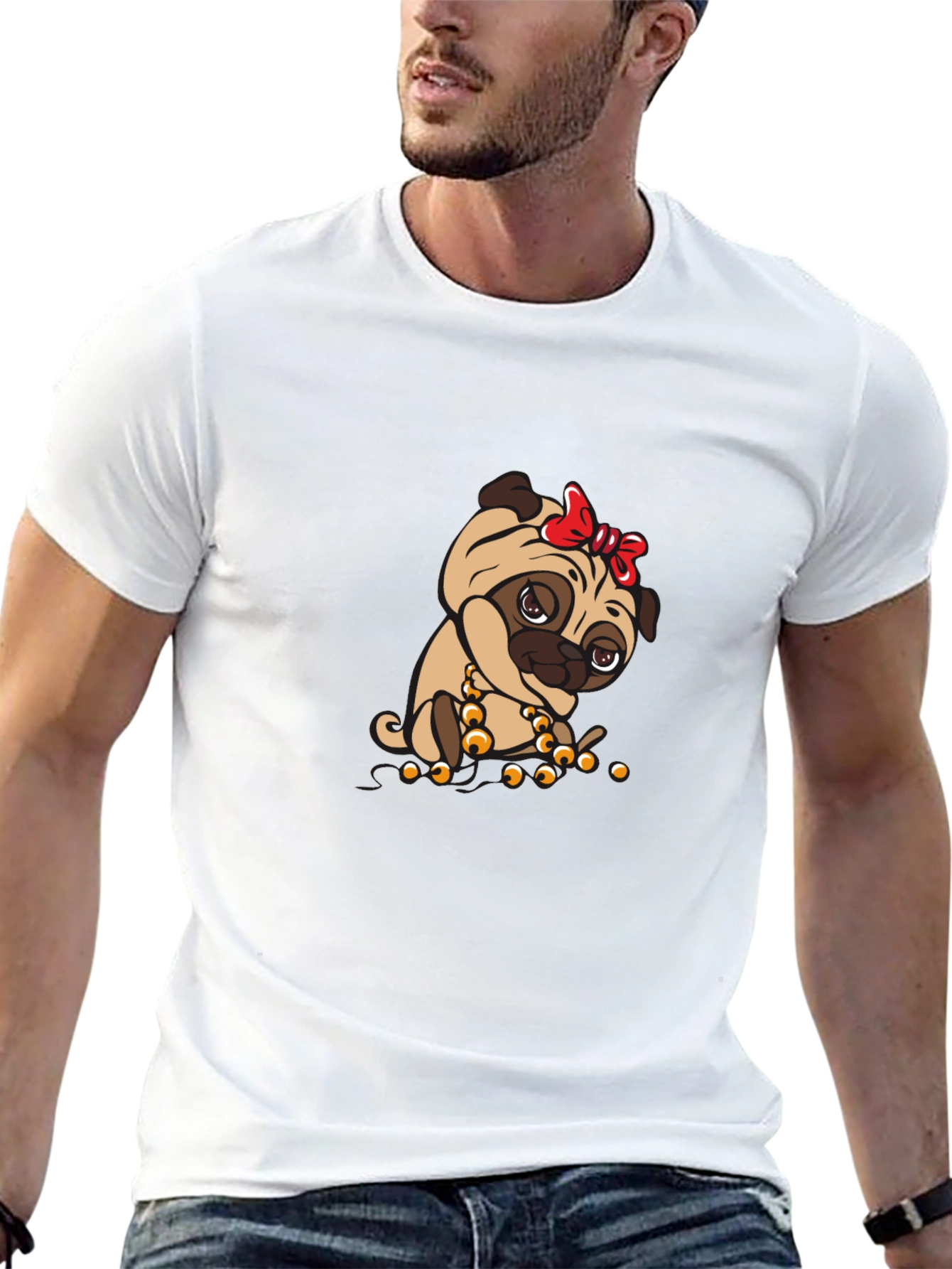 Pug With Bow Black T-Shirt
