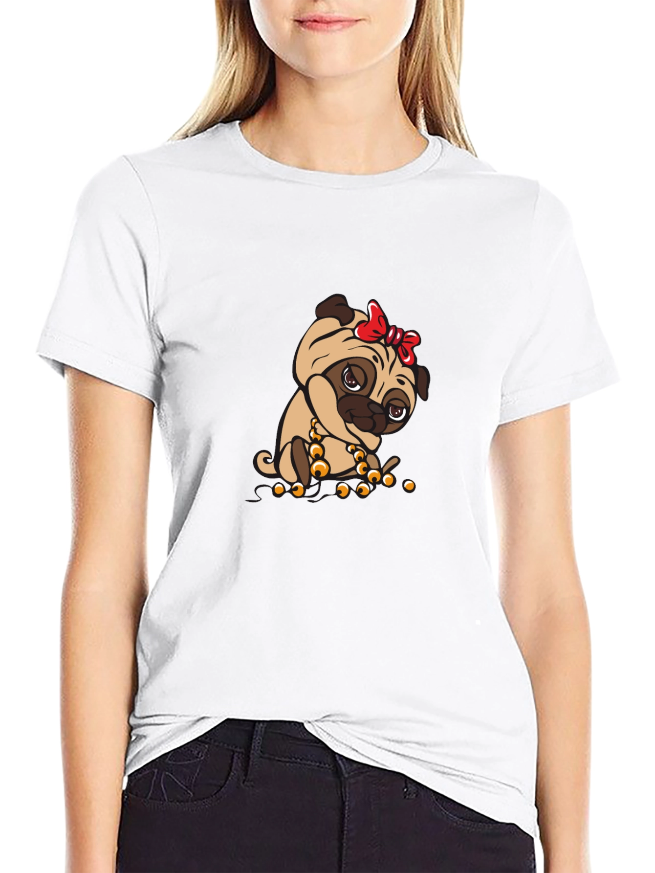 Pug With Bow Black T-Shirt