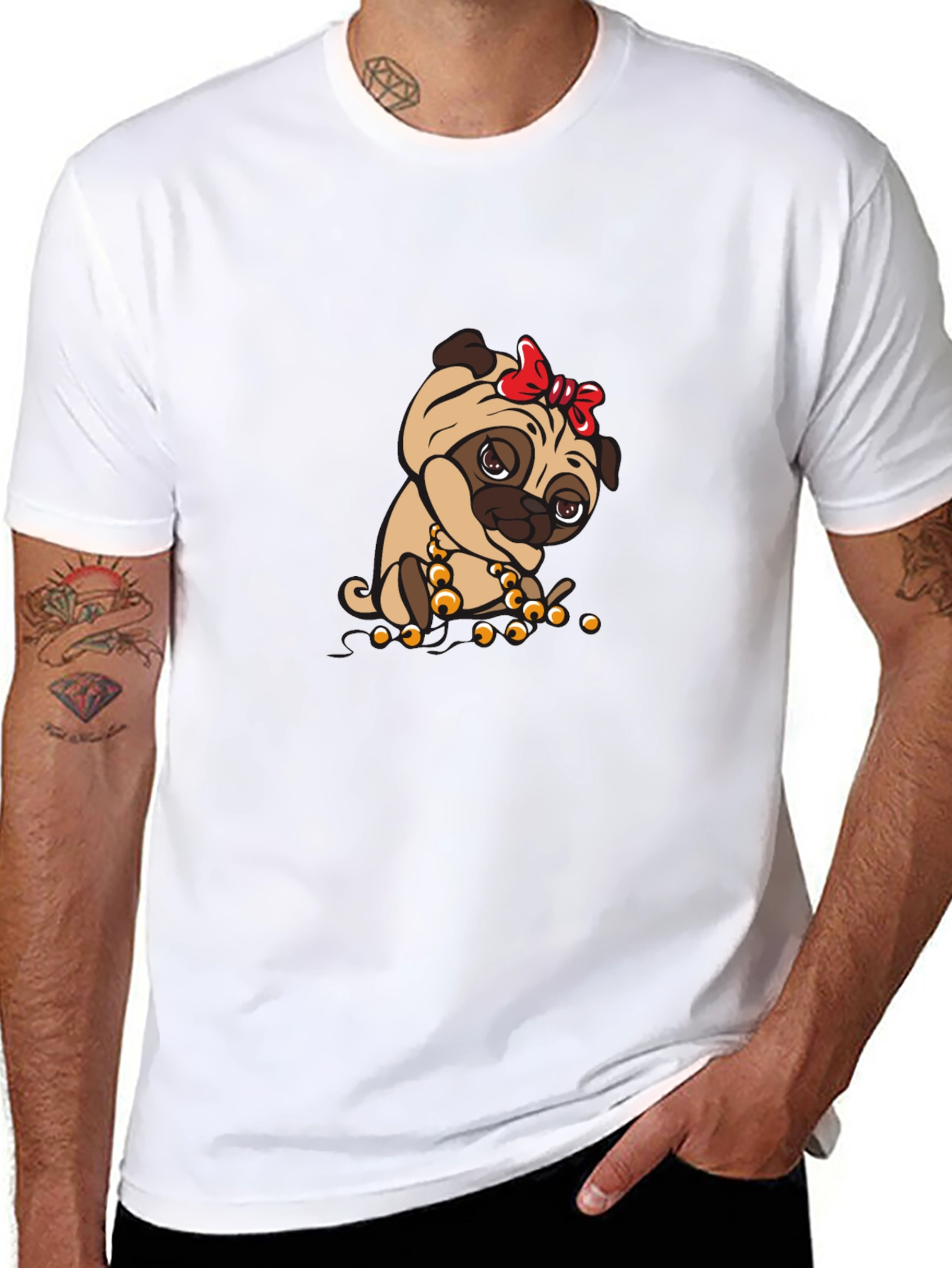Pug With Bow Black T-Shirt