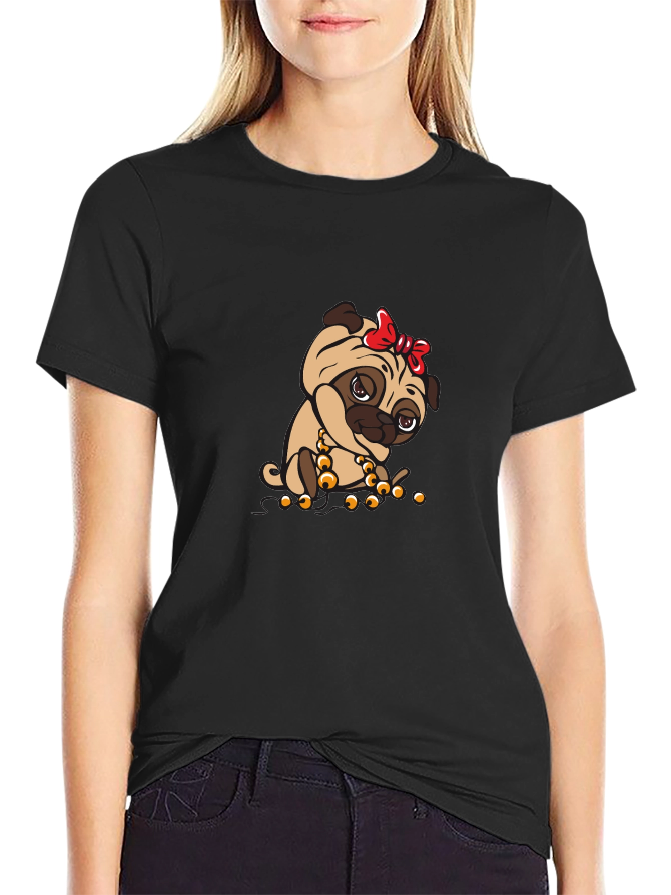 Pug With Bow Black T-Shirt