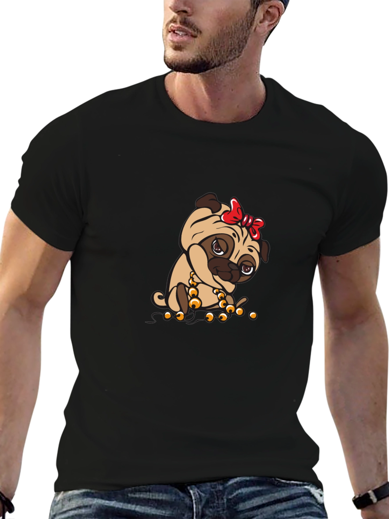 Pug With Bow Black T-Shirt