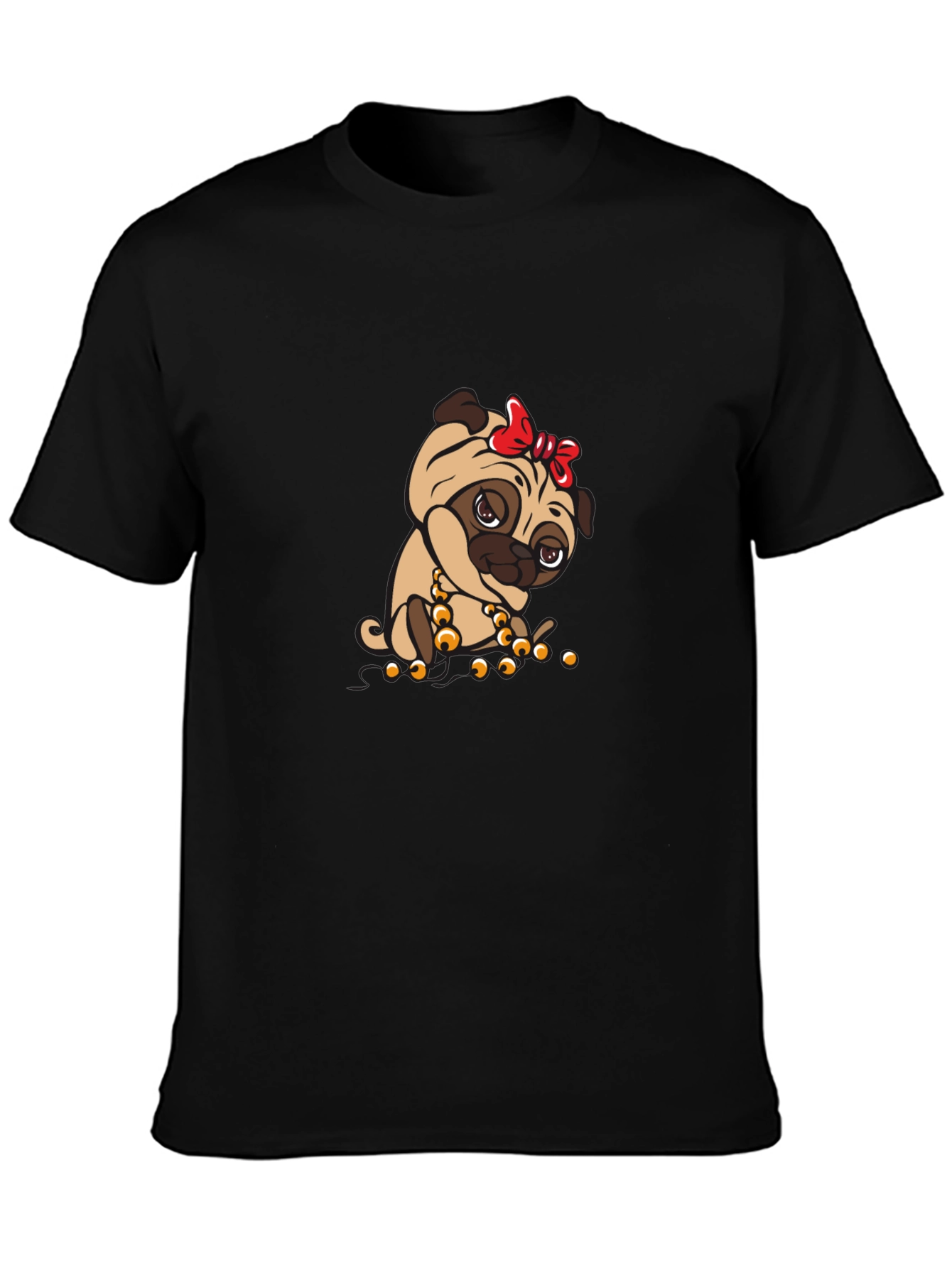 Pug With Bow Black T-Shirt