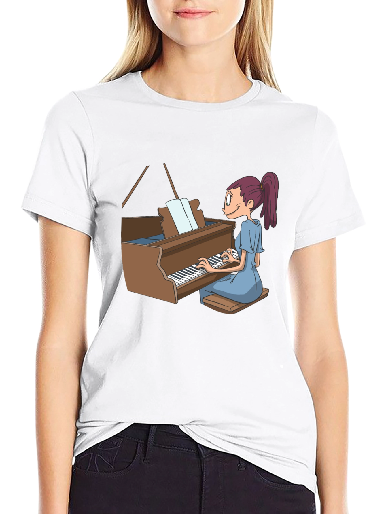 Piano Girl Graphic Tee - Black Cotton T-Shirt