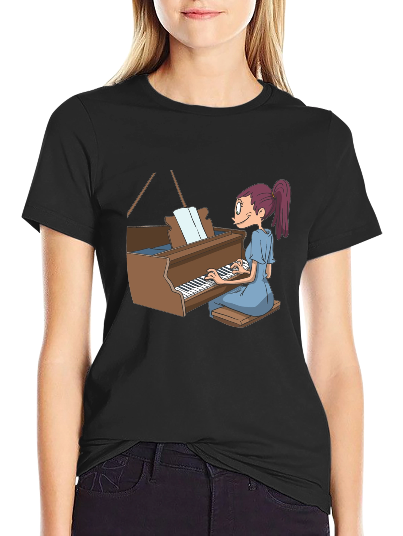 Piano Girl Graphic Tee - Black Cotton T-Shirt