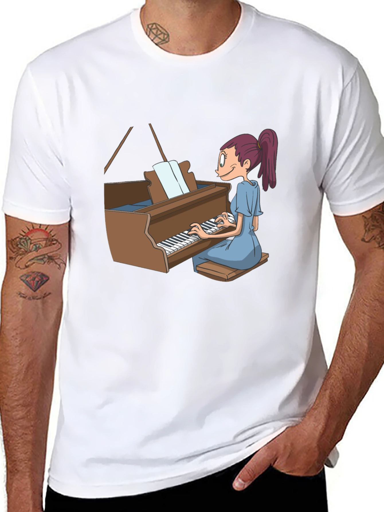 Piano Girl Graphic Tee - Black Cotton T-Shirt