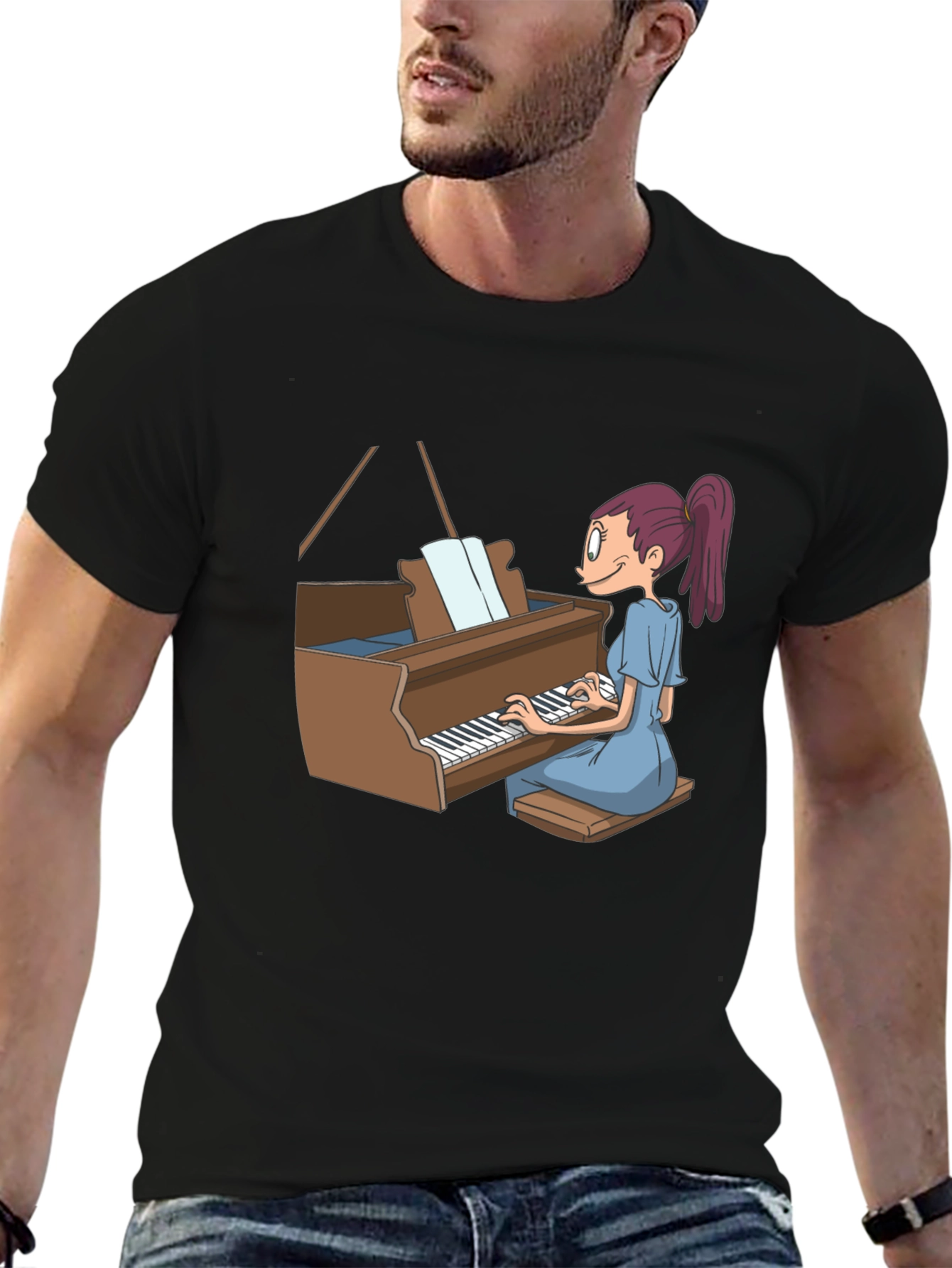 Piano Girl Graphic Tee - Black Cotton T-Shirt