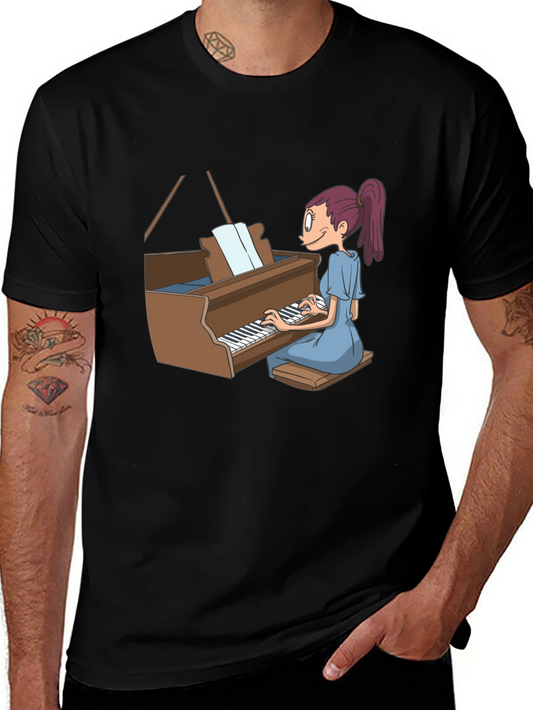Piano Girl Graphic Tee - Black Cotton T-Shirt
