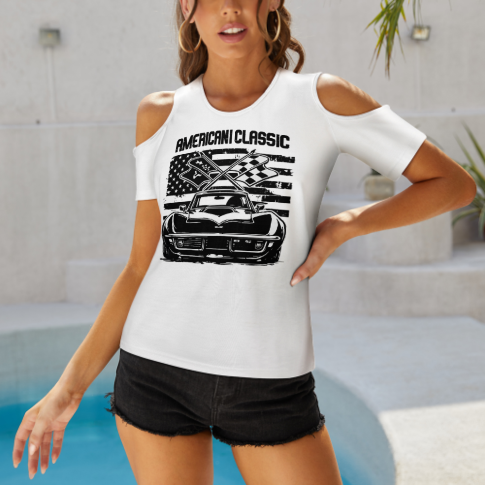 American Classic Vintage Muscle Car Graphic Tee, Retro Racing Flag Shirt, Patriotic Streetwear Top, Classic Car Lover Gift, Women’s Cold Shoulder T-Shirt(z714)