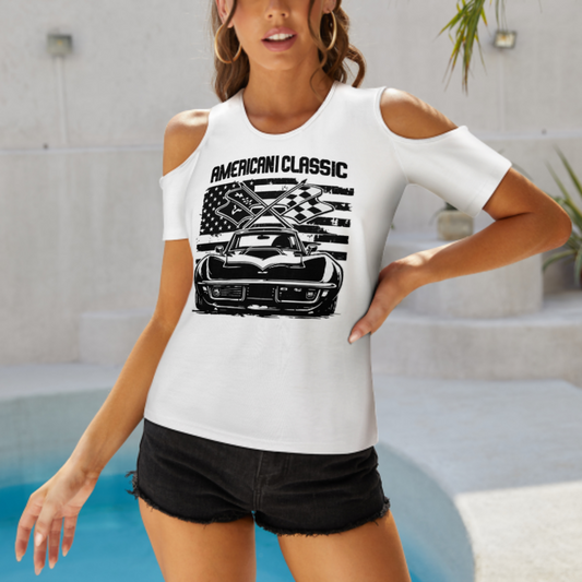 American Classic Vintage Muscle Car Graphic Tee, Retro Racing Flag Shirt, Patriotic Streetwear Top, Classic Car Lover Gift, Women’s Cold Shoulder T-Shirt(z714)