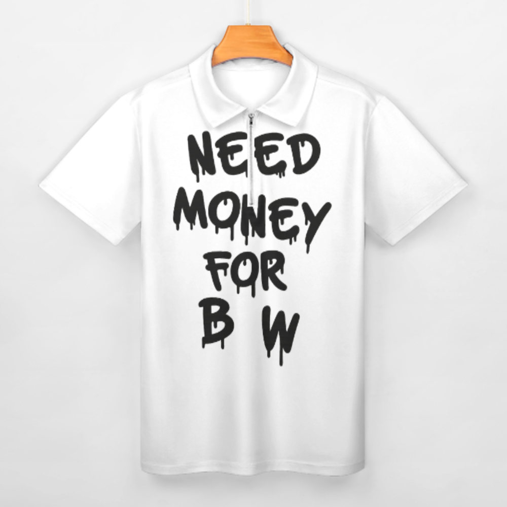 Need Money For BW Drip Graphic Zip Polo Shirt, Urban Graffiti Streetwear Tee, Bold Typography Fashion Top, Trendy Oversized Casual Shirt(z702)