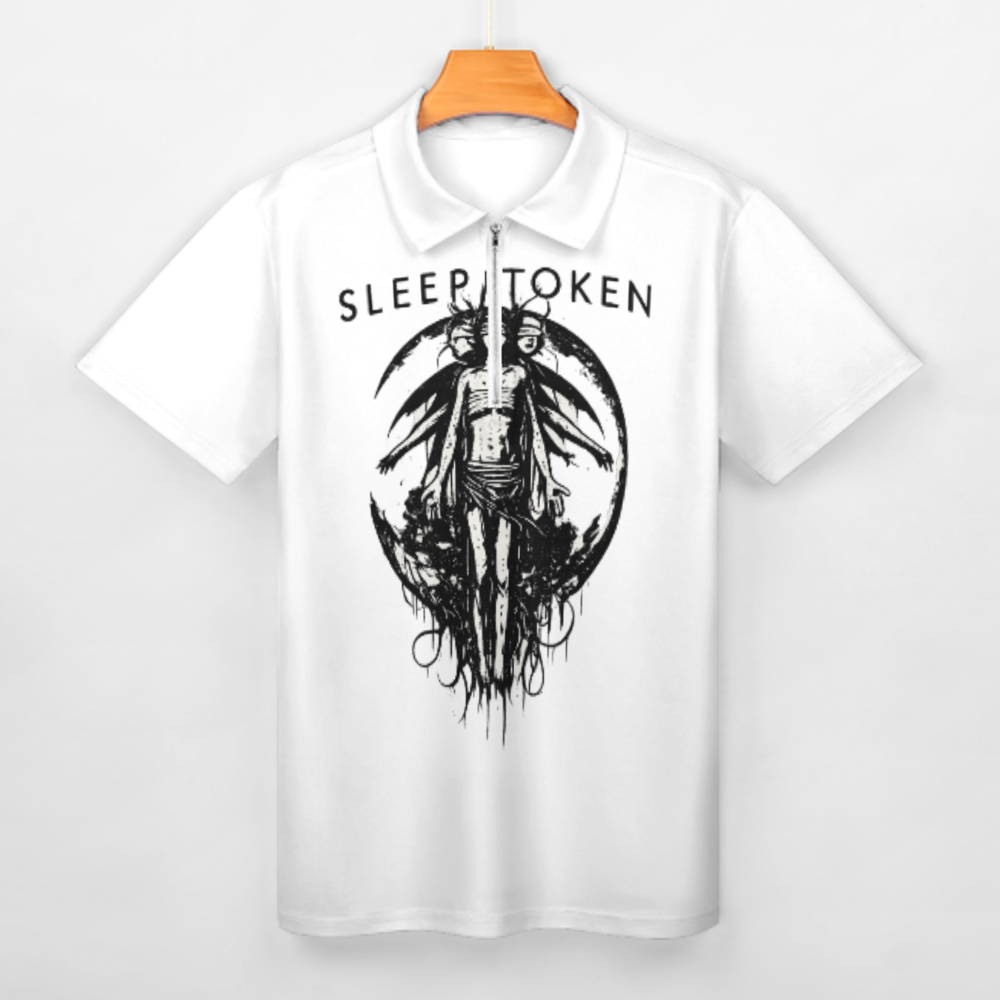 Sleep Ritual Gothic Graphic Zip Polo Shirt, Dark Fantasy Streetwear Collared Tee, Vintage Inspired Alternative Fashion Top, Oversized Aesthetic Casual Shirt(z701)