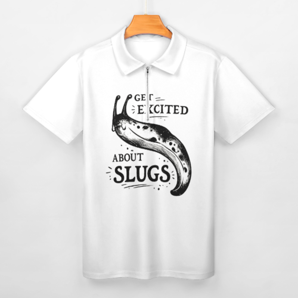 Funny Slug Lover Graphic Polo Shirt, Get Excited About Slugs Retro Animal Humor Zip Tee, Quirky Nature Inspired Top(z710)