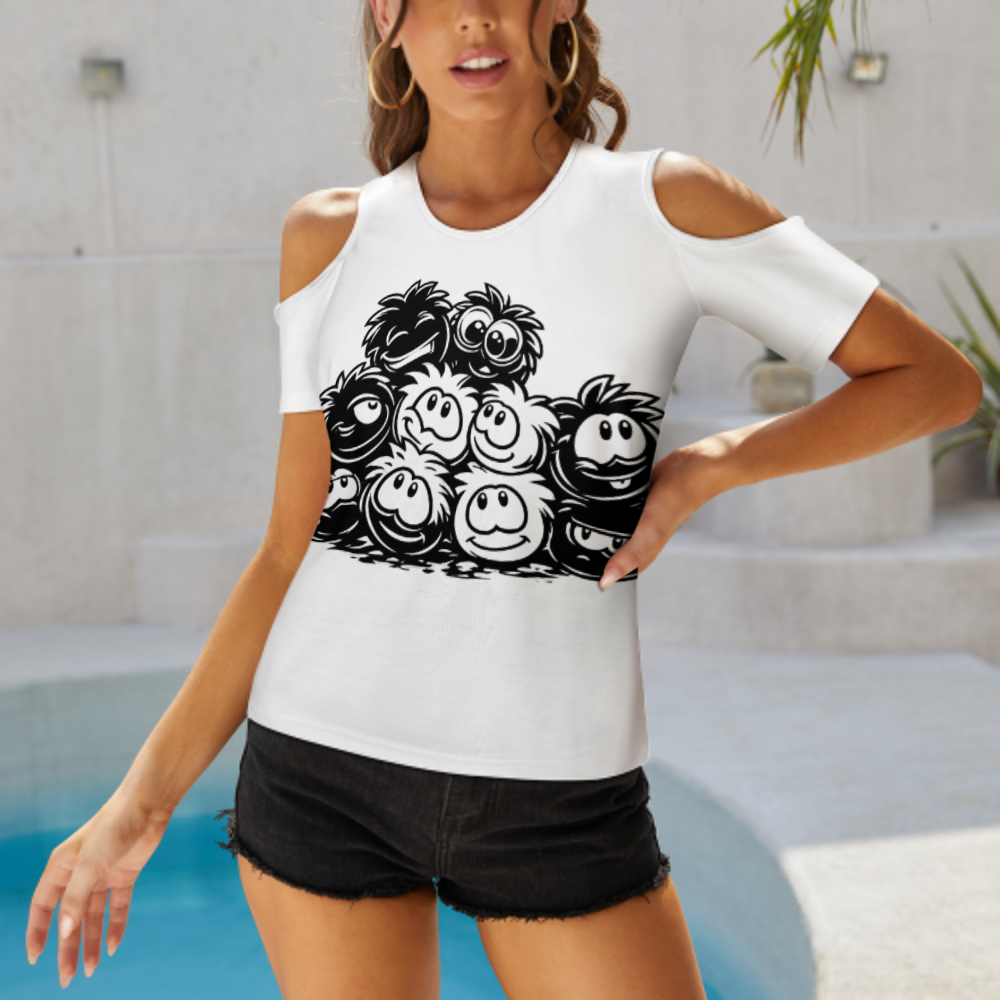 Funny Fuzzy Cartoon Graphic Tee, Cute Monster Smile Shirt, Playful Retro Character Top, Whimsical Black and White Graphic T-Shirt(z716)