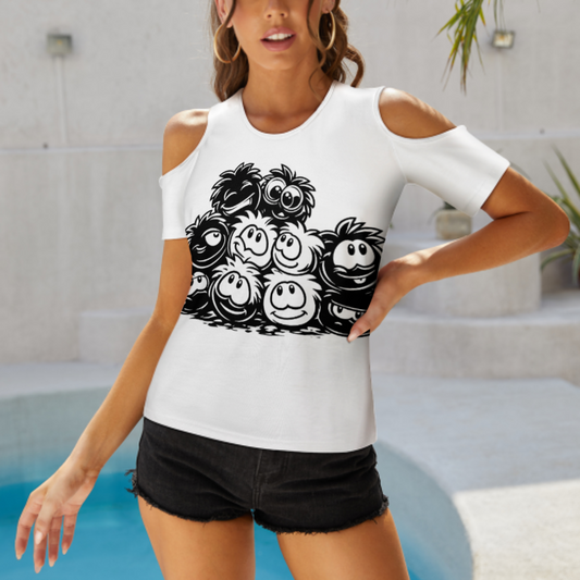 Funny Fuzzy Cartoon Graphic Tee, Cute Monster Smile Shirt, Playful Retro Character Top, Whimsical Black and White Graphic T-Shirt(z716)