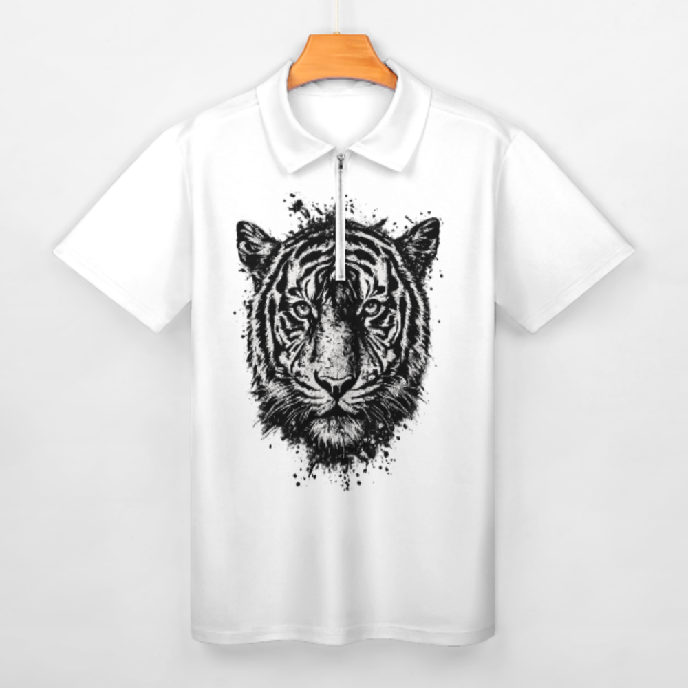 Vintage Tiger Face Graphic Polo Shirt, Fierce Wildlife Animal Print Zip Tee, Retro Streetwear Jungle Inspired Top(z708)