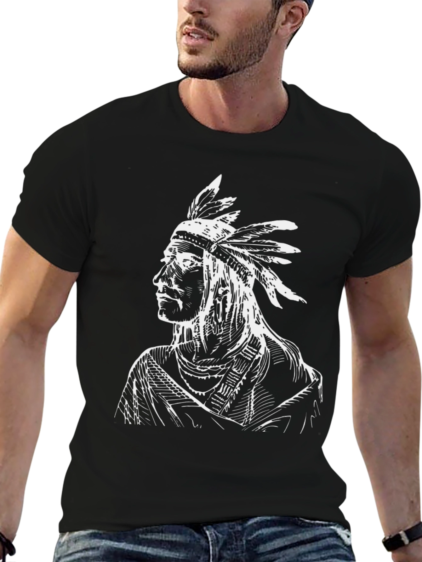 Native American Chief Graphic T-Shirt - Black