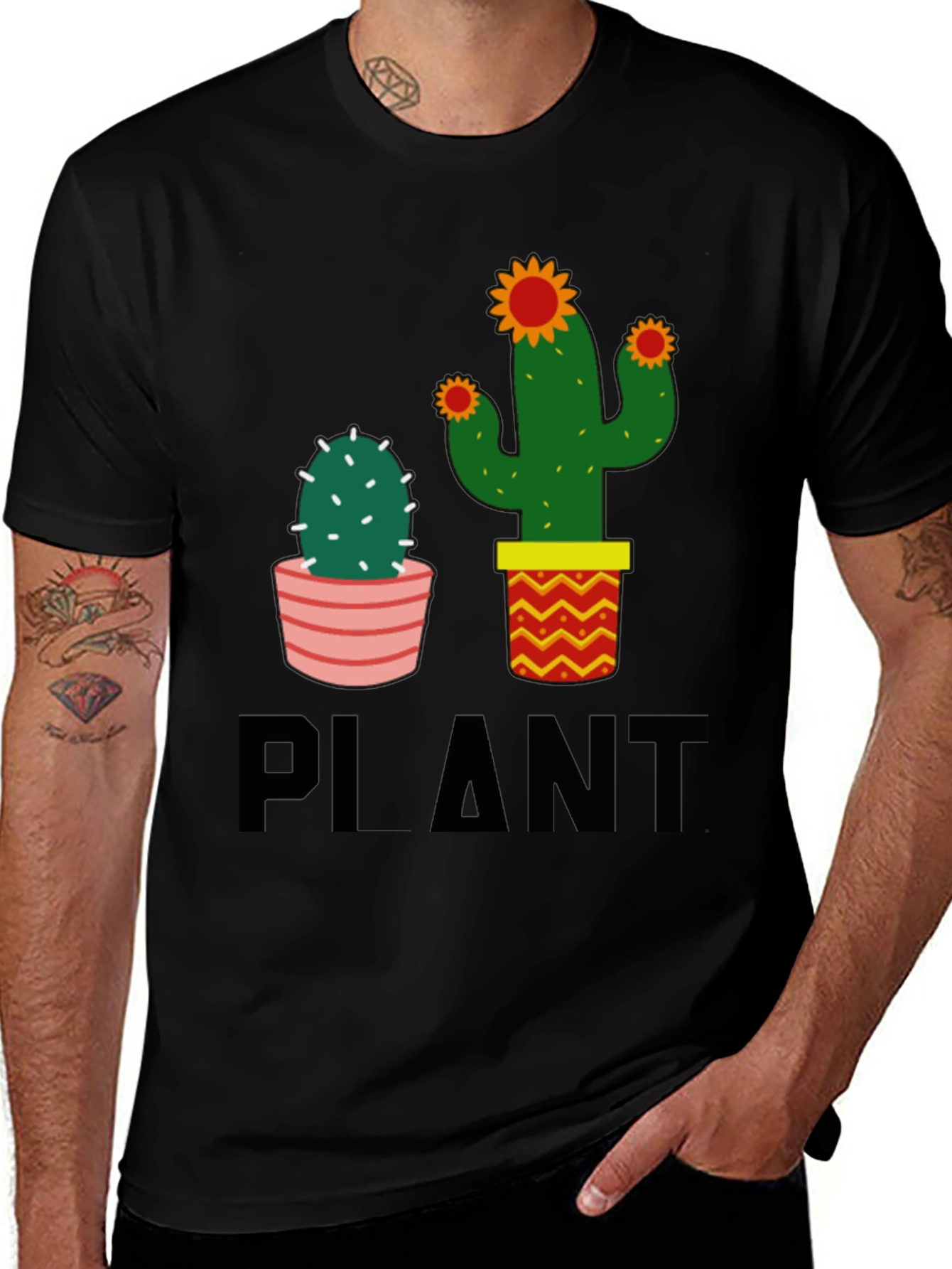 Cactus Plant Graphic Tee - Black Cotton Casual T-Shirt