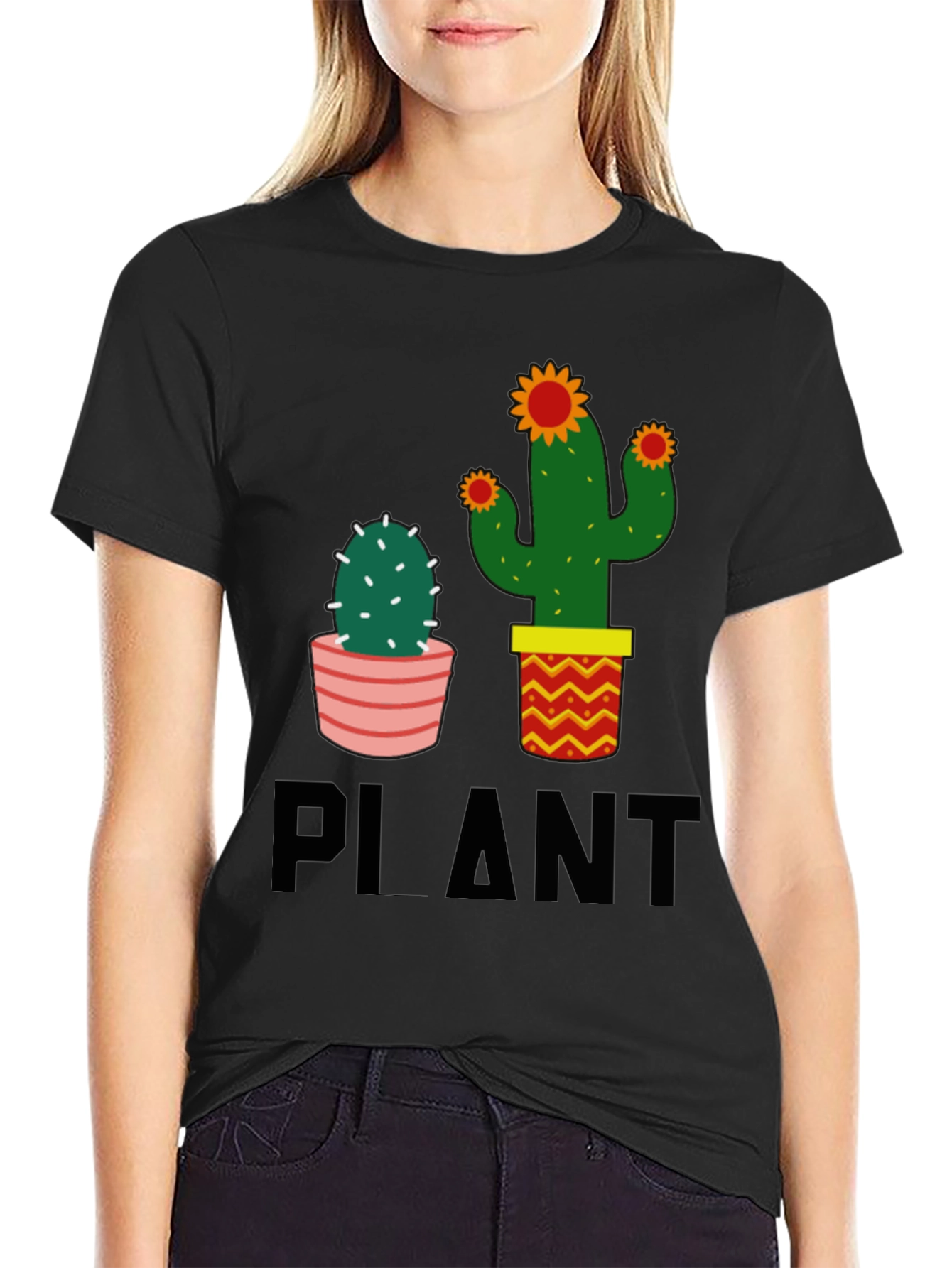 Cactus Plant Graphic Tee - Black Cotton Casual T-Shirt