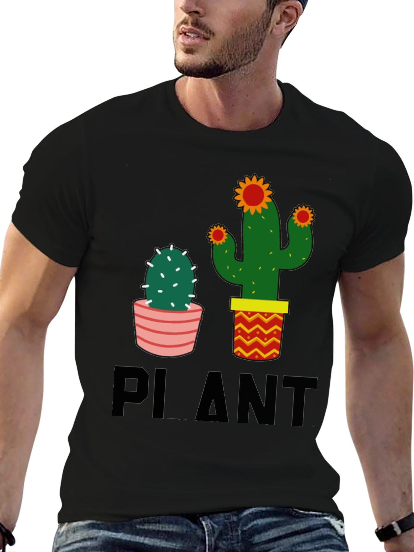 Cactus Plant Graphic Tee - Black Cotton Casual T-Shirt