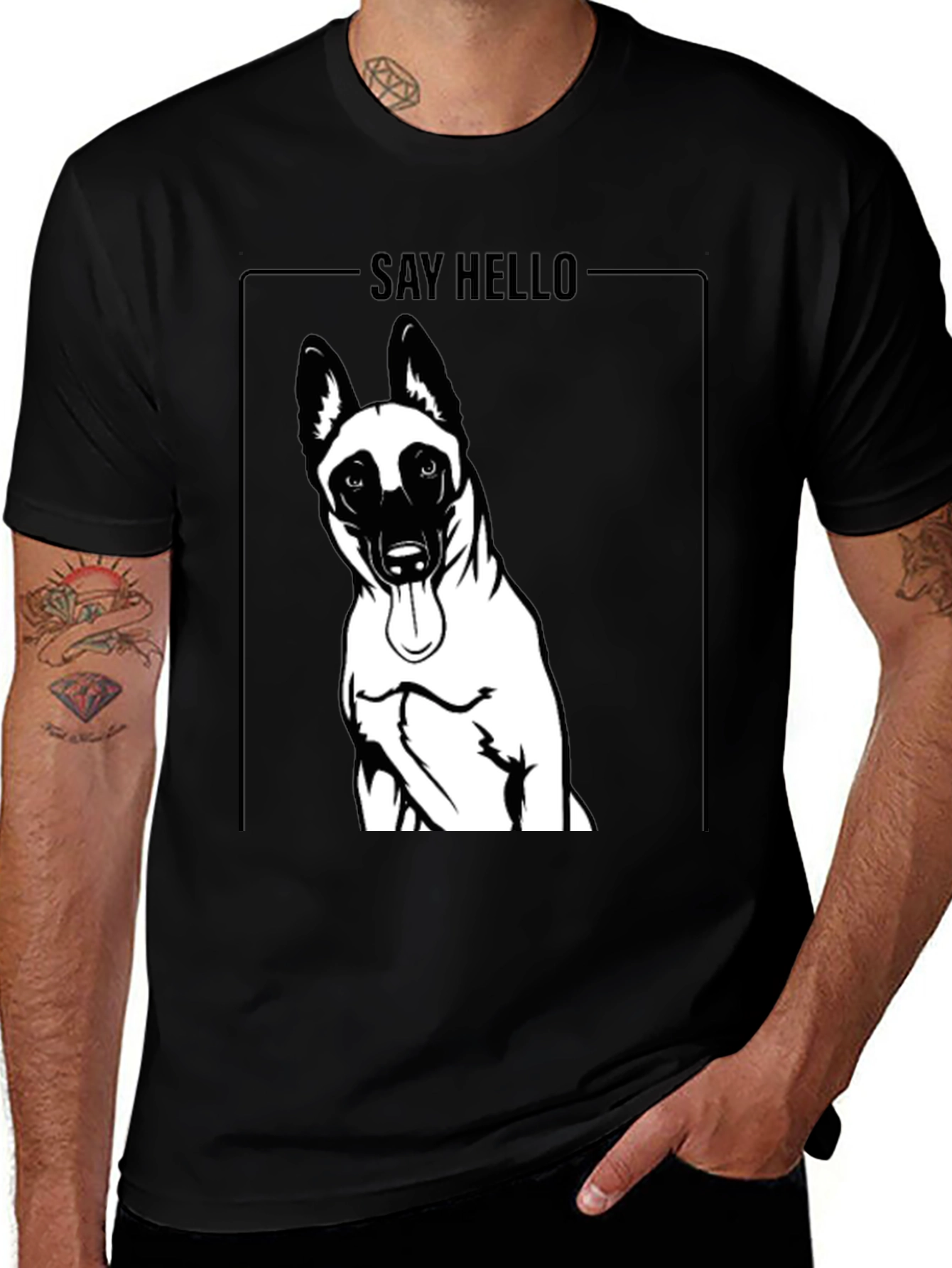 Dog Graphic Tee - Say Hello Black Cotton T-Shirt
