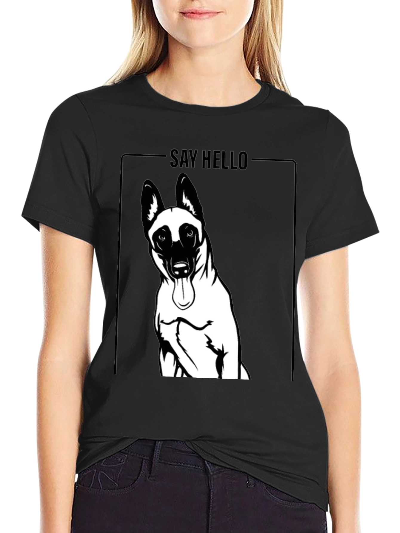 Dog Graphic Tee - Say Hello Black Cotton T-Shirt