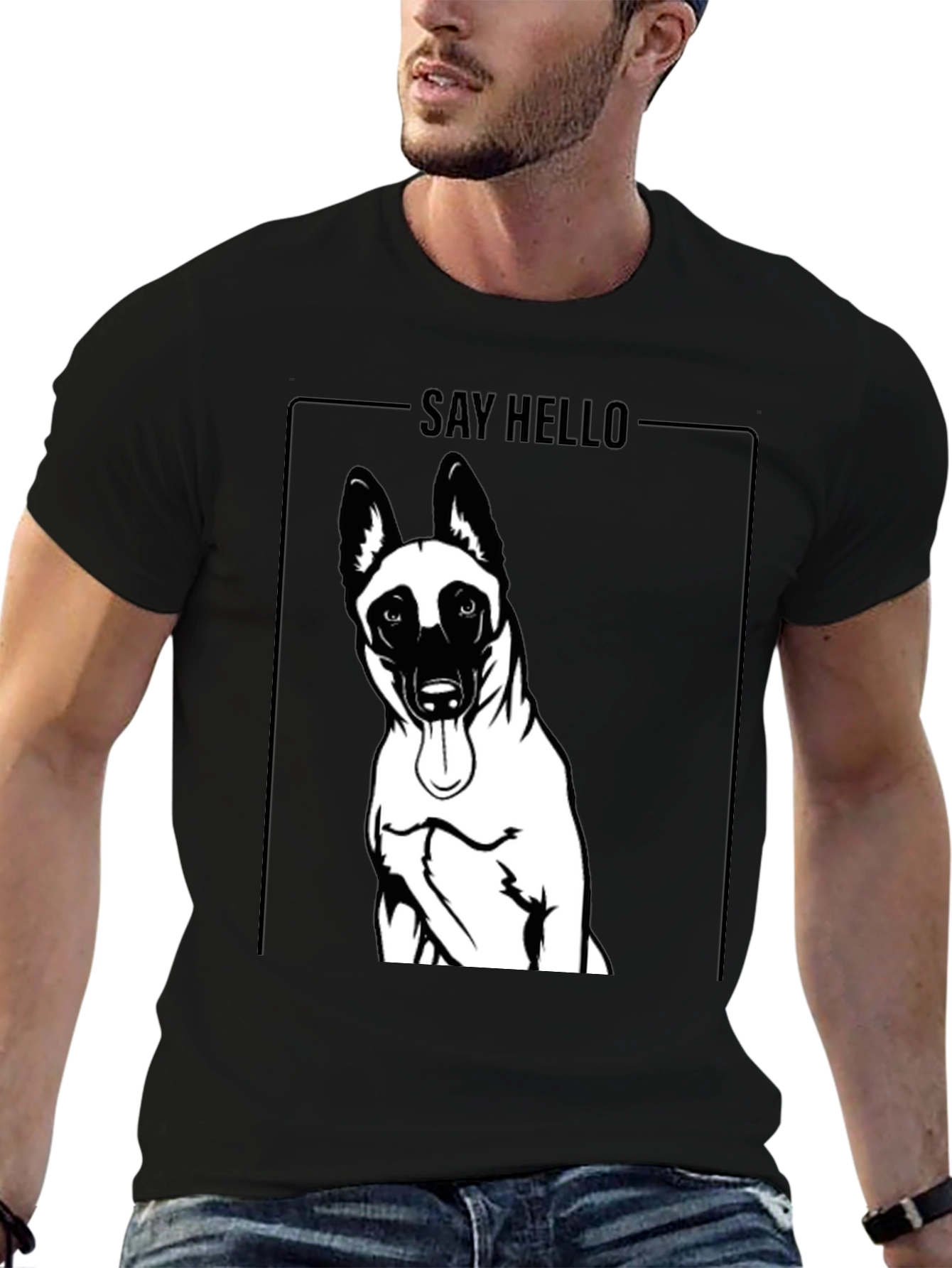 Dog Graphic Tee - Say Hello Black Cotton T-Shirt