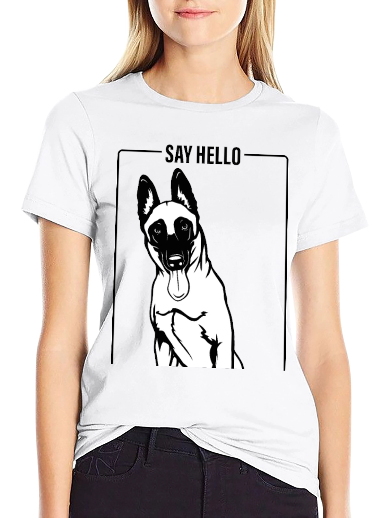 Dog Graphic Tee - Say Hello Black Cotton T-Shirt