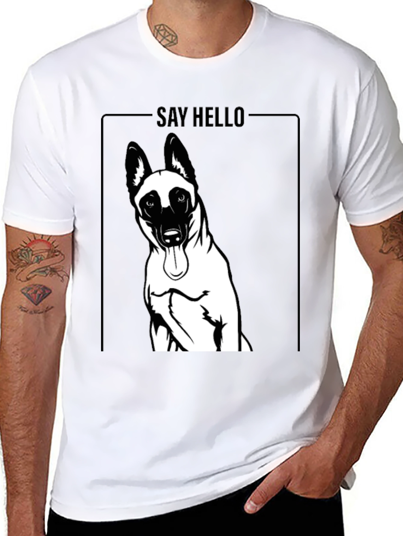 Dog Graphic Tee - Say Hello Black Cotton T-Shirt