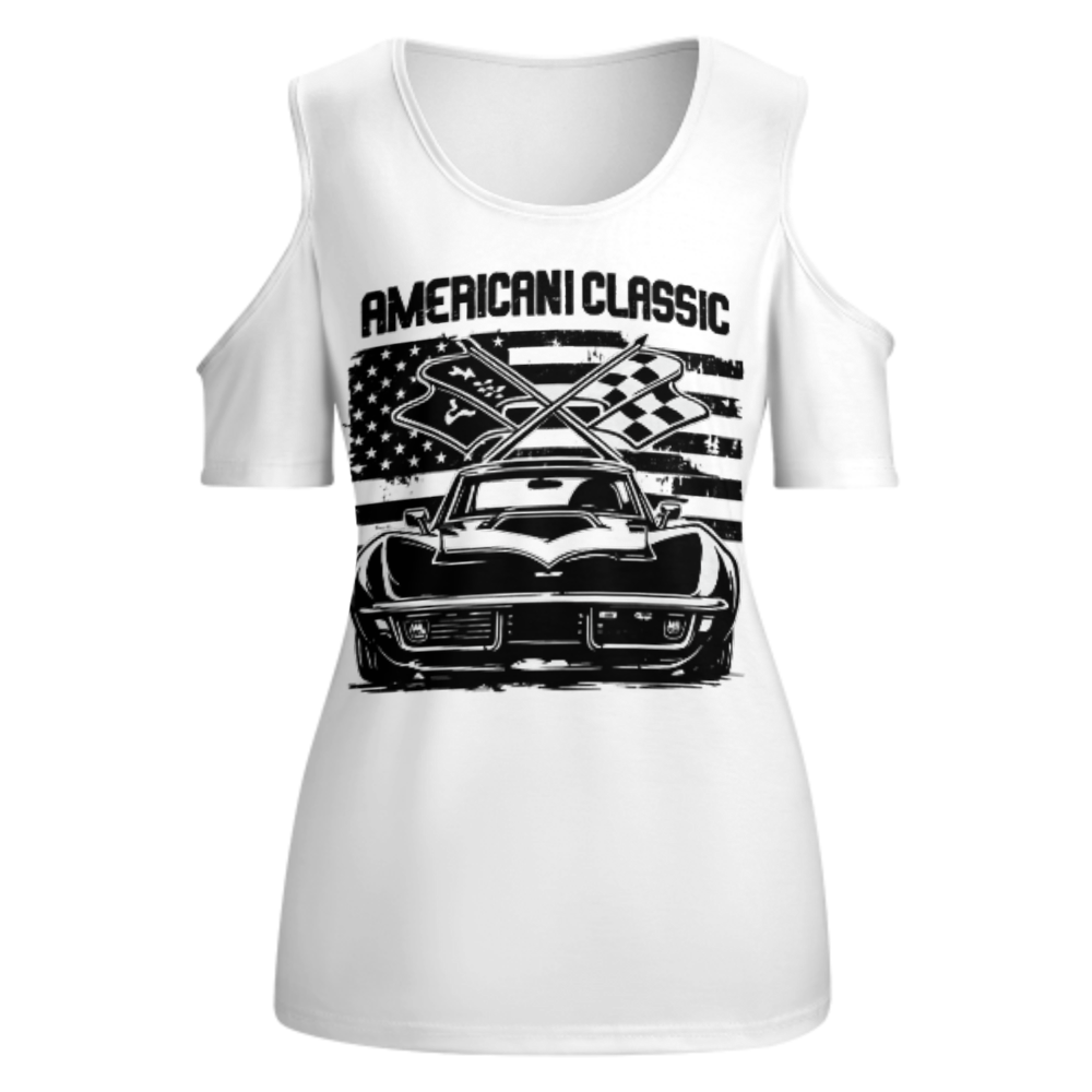 American Classic Vintage Muscle Car Graphic Tee, Retro Racing Flag Shirt, Patriotic Streetwear Top, Classic Car Lover Gift, Women’s Cold Shoulder T-Shirt(z714)
