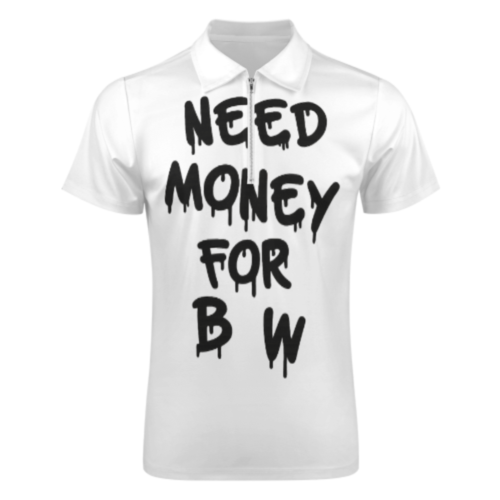 Need Money For BW Drip Graphic Zip Polo Shirt, Urban Graffiti Streetwear Tee, Bold Typography Fashion Top, Trendy Oversized Casual Shirt(z702)