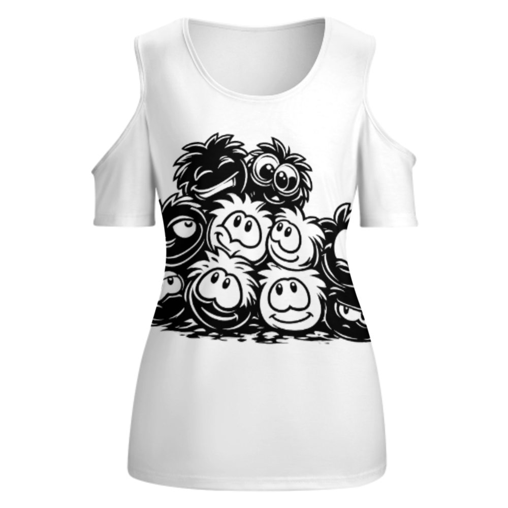 Funny Fuzzy Cartoon Graphic Tee, Cute Monster Smile Shirt, Playful Retro Character Top, Whimsical Black and White Graphic T-Shirt(z716)