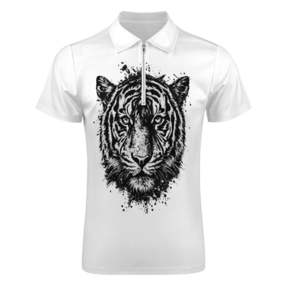 Vintage Tiger Face Graphic Polo Shirt, Fierce Wildlife Animal Print Zip Tee, Retro Streetwear Jungle Inspired Top(z708)