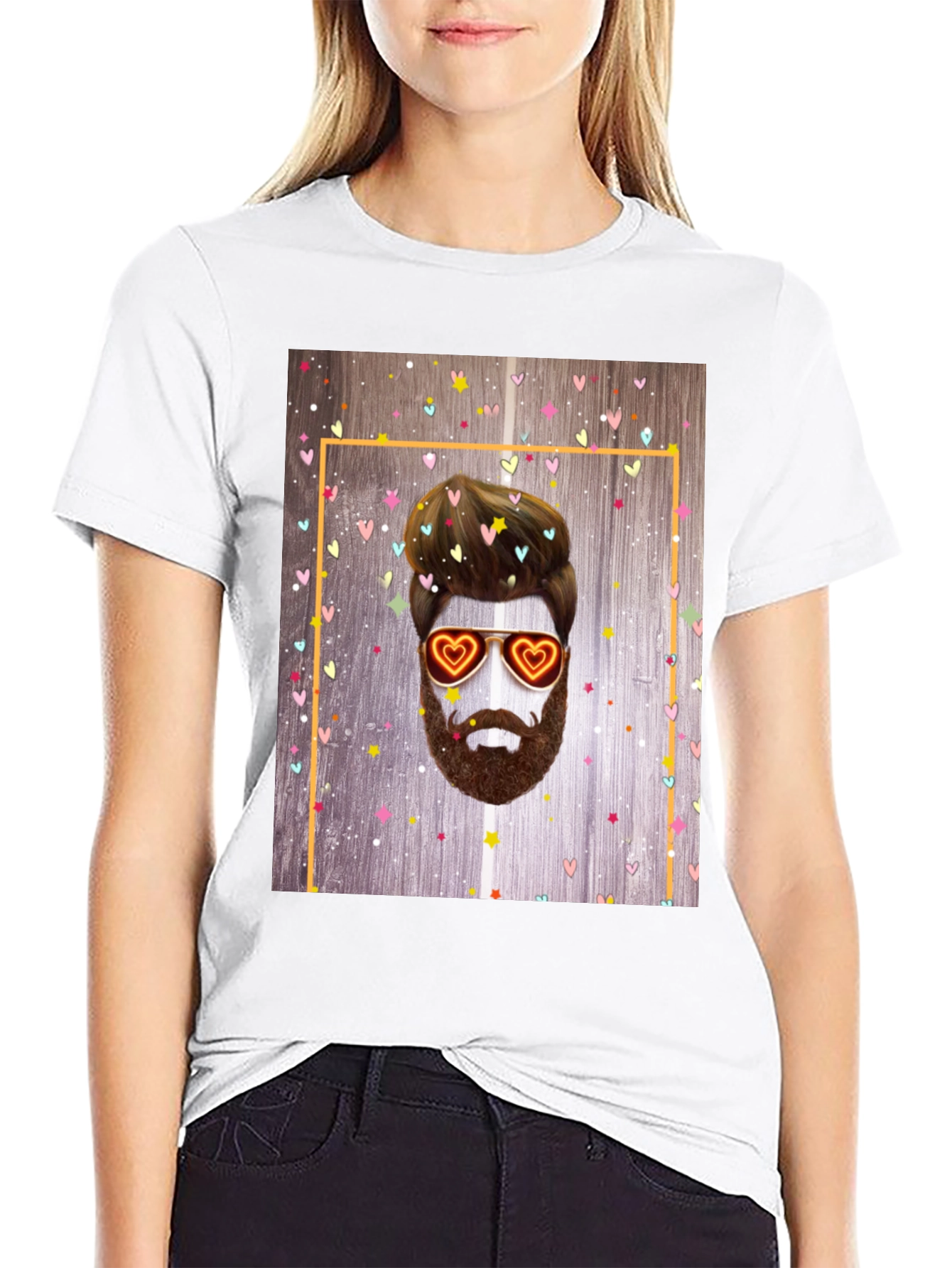 Bearded Man with Heart Glasses Graphic Tee