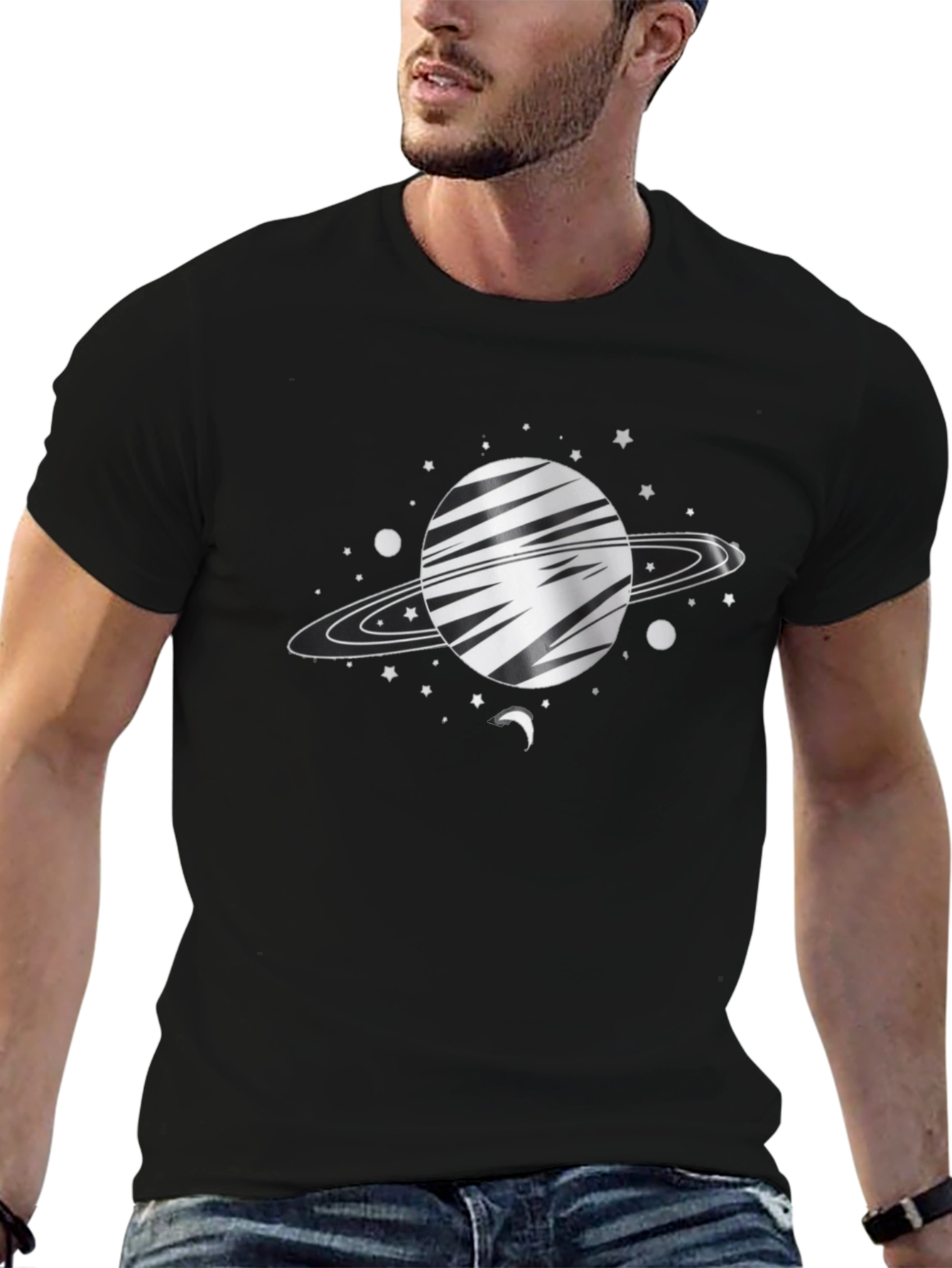 Space Saturn Graphic Tee - Black Cotton Blend