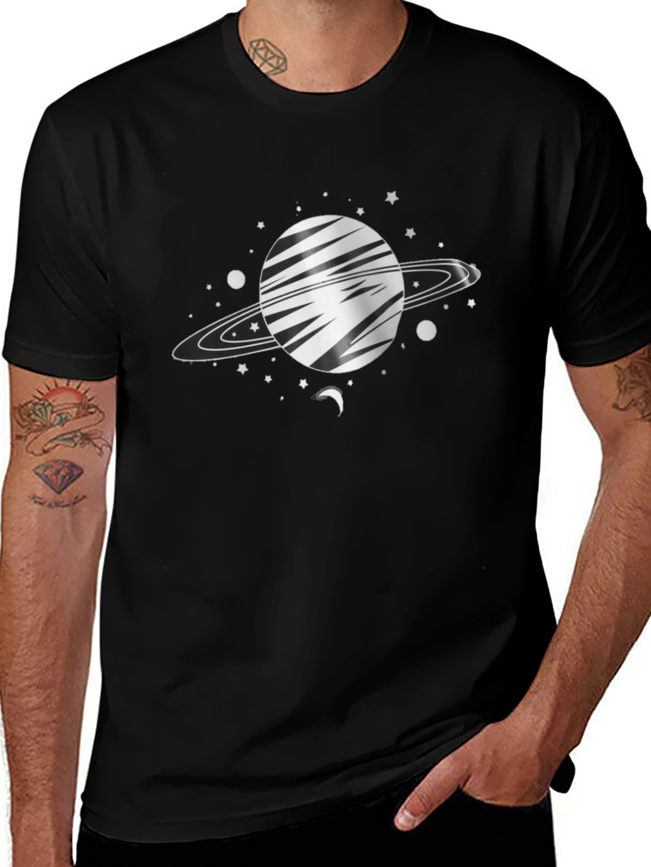 Space Saturn Graphic Tee - Black Cotton Blend