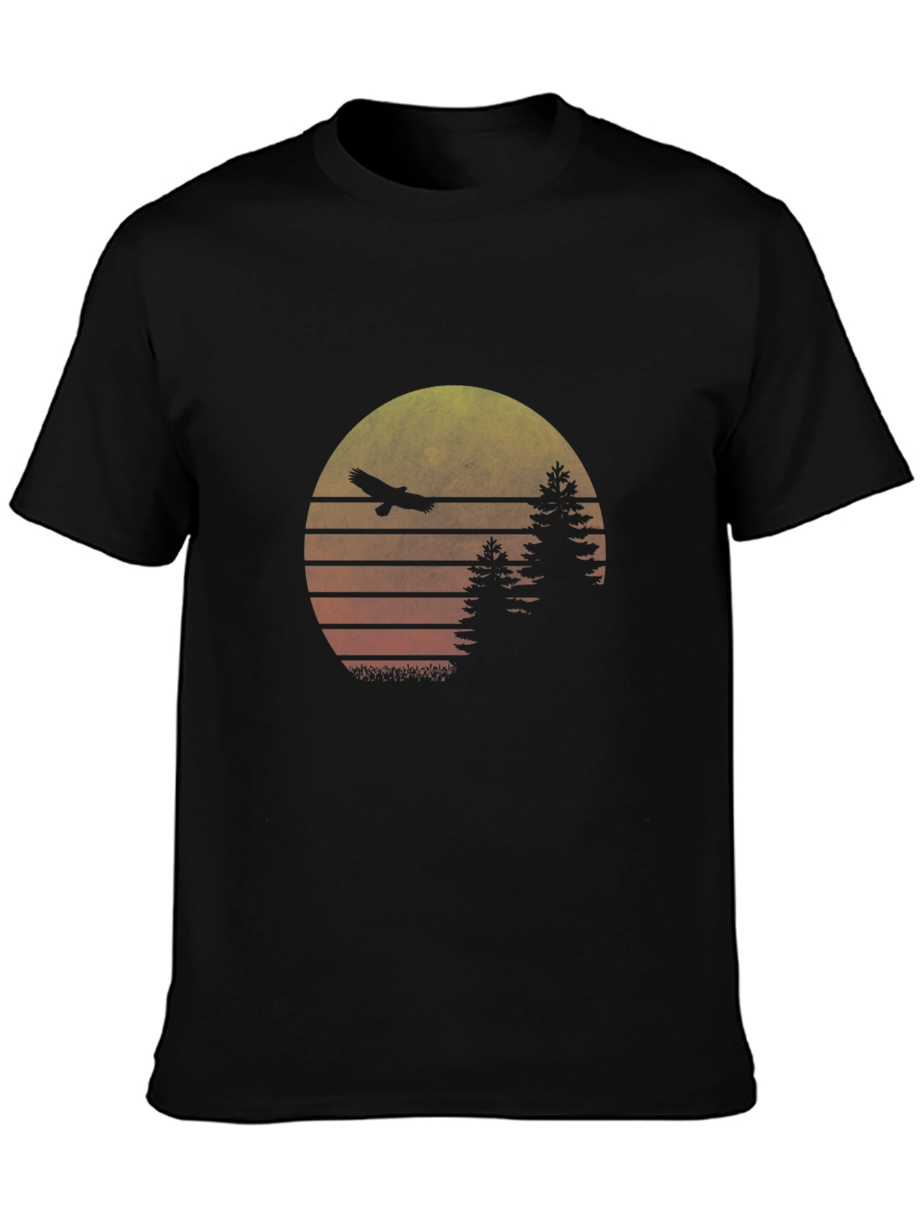 Retro Sunset Eagle Graphic Tee - Black Cotton Blend